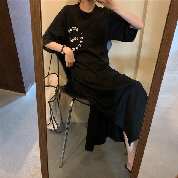 含棉設計感開叉T恤裙新款夏季女裝鏤空短袖連衣裙高腰中長款裙子