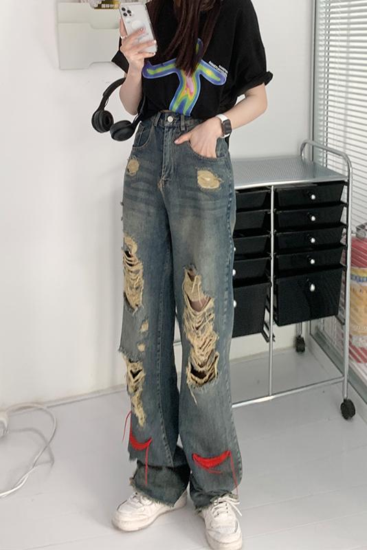 歐美大破洞直筒牛仔褲女夏季高腰寬鬆垂感復古乞丐闊腿褲拖地褲子