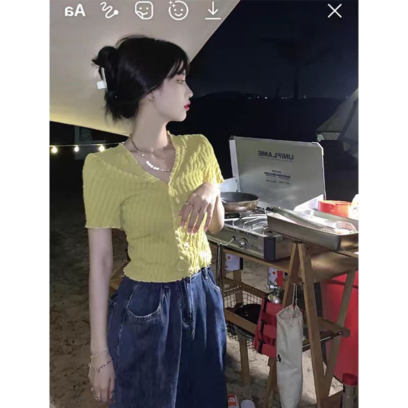 設計感短款v領上衣2024年新款夏季修身辣妹正肩白色t恤短袖女夏季