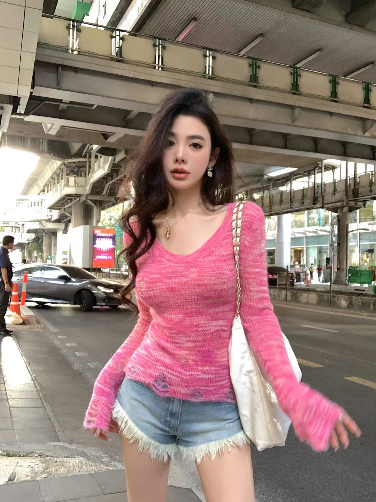 V領針織長袖t恤女磨破修身2024新款春季顯瘦氣質上衣打底衫女內搭