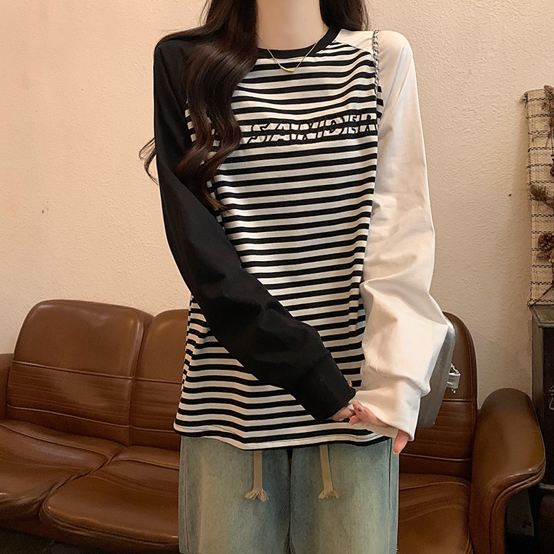 實拍純棉條紋打底衫女2024春秋薄插肩袖圓領長袖t恤上衣大碼女裝