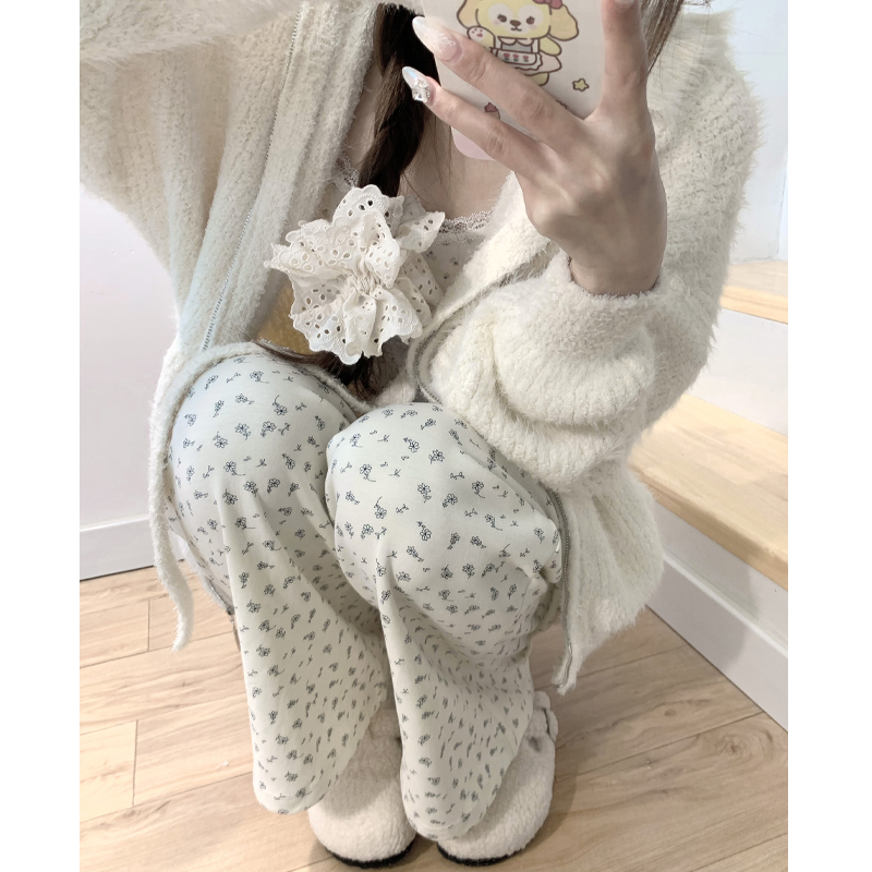 溫柔風碎花休閒褲女春季新款高腰寬鬆顯瘦慵懶風拖地垂感闊腿