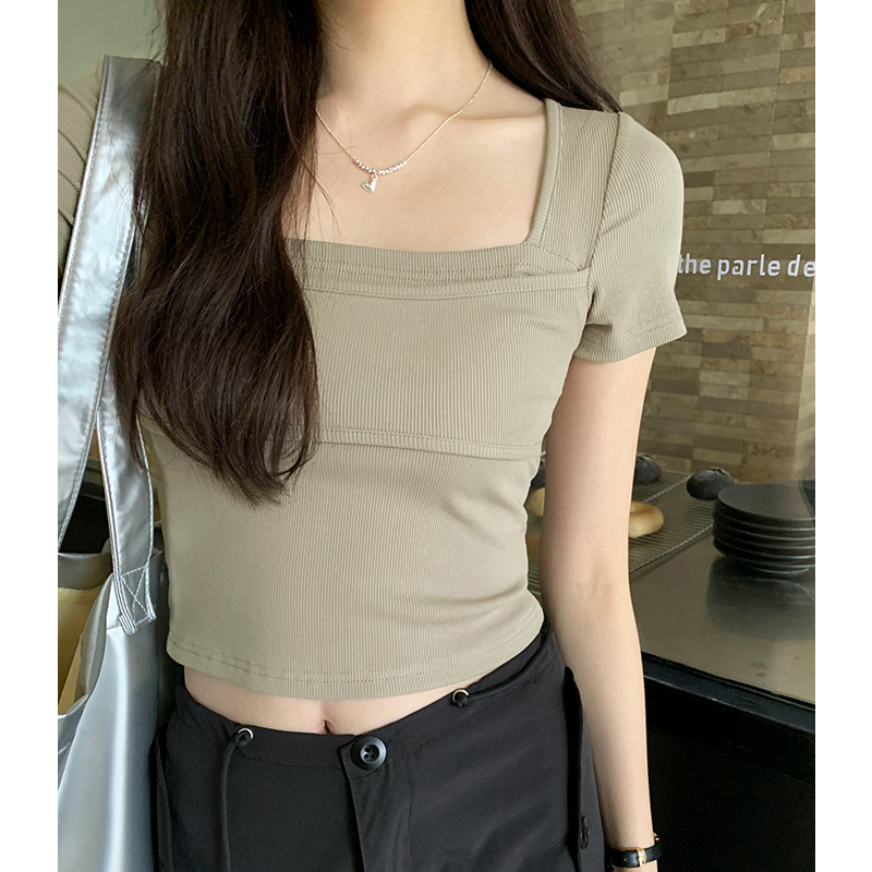 Actual photo design square collar double-layer threaded short-sleeved T-shirt for women 2024 spring and summer new sweet and spicy style short top