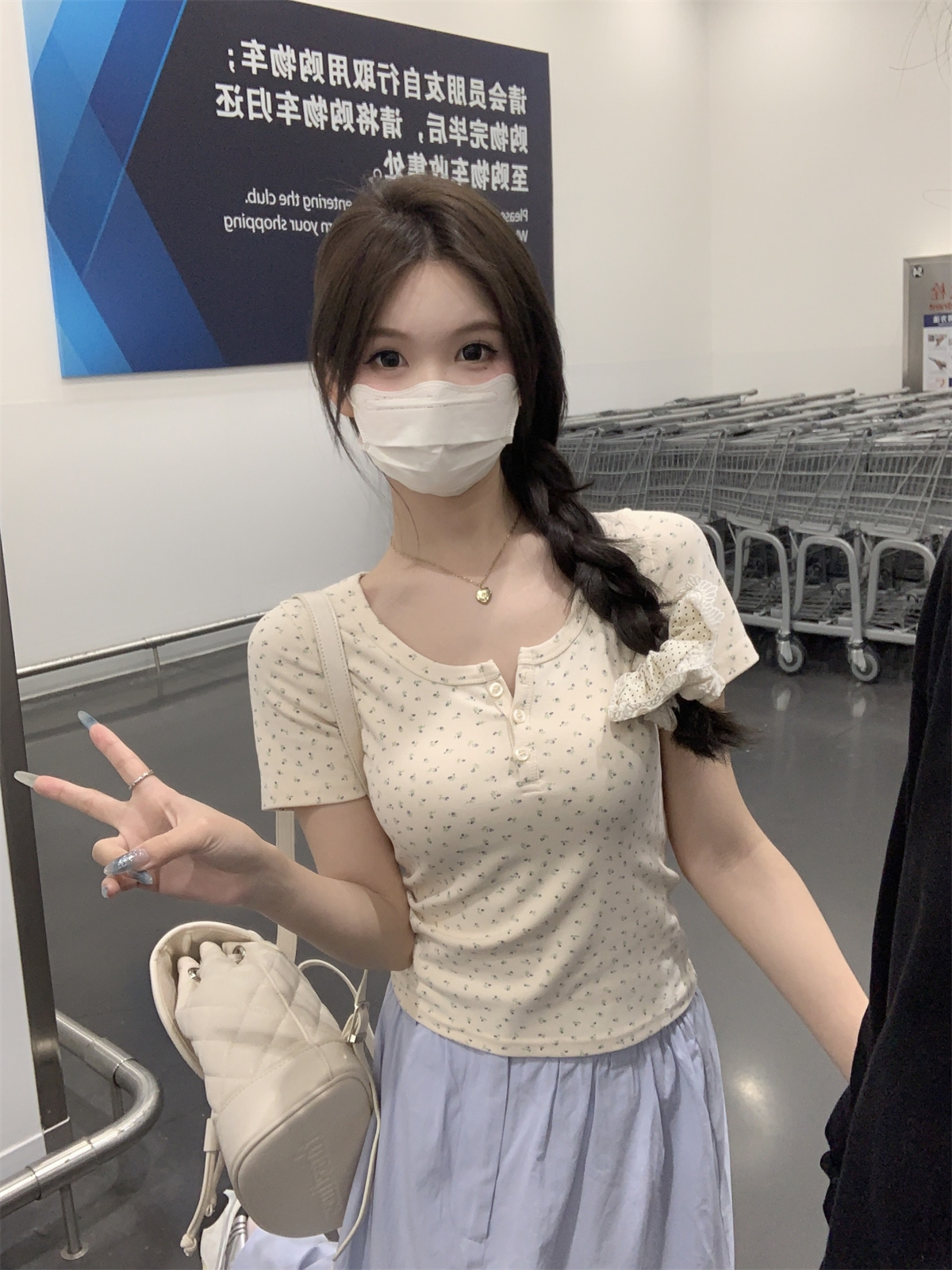 實拍 春夏韓版bm方領紐扣碎花甜美設計感純棉短袖T恤上衣女