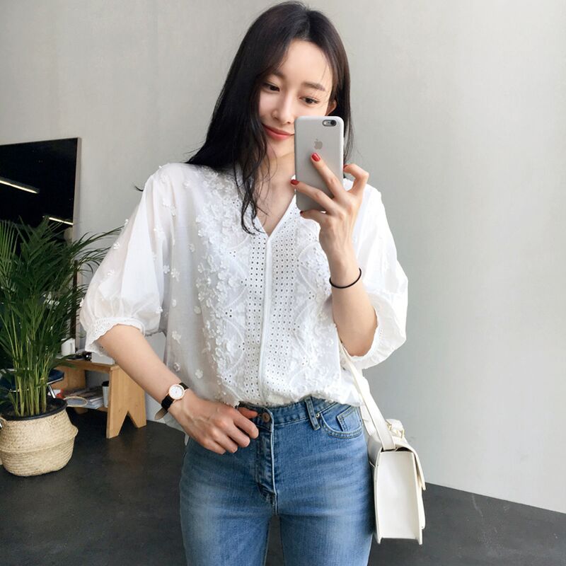 歐美女裝 2024新款夏季跨境時尚立領繡花鏤空氣質五分袖百搭上衣