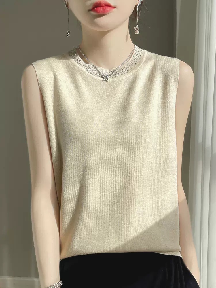 Fashionable casual worsted wool vest for women spring and summer sleeveless top with suspender round neck and bottoming sweater with diamonds