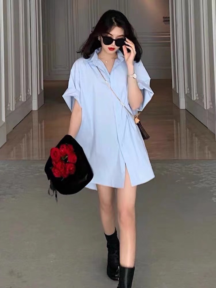 Aminstyle 寬鬆短袖襯衫女設計感上衣小眾新穿搭白藍色2024新款夏
