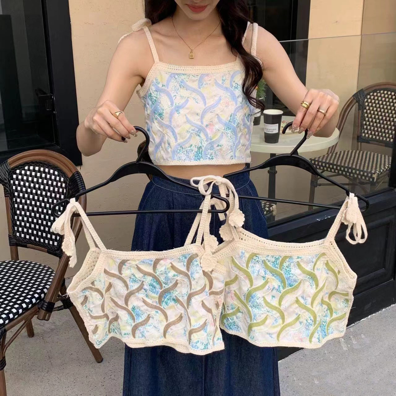 實拍 2024新款波西米亞吊帶小背心百搭無袖外穿多巴胺上衣女