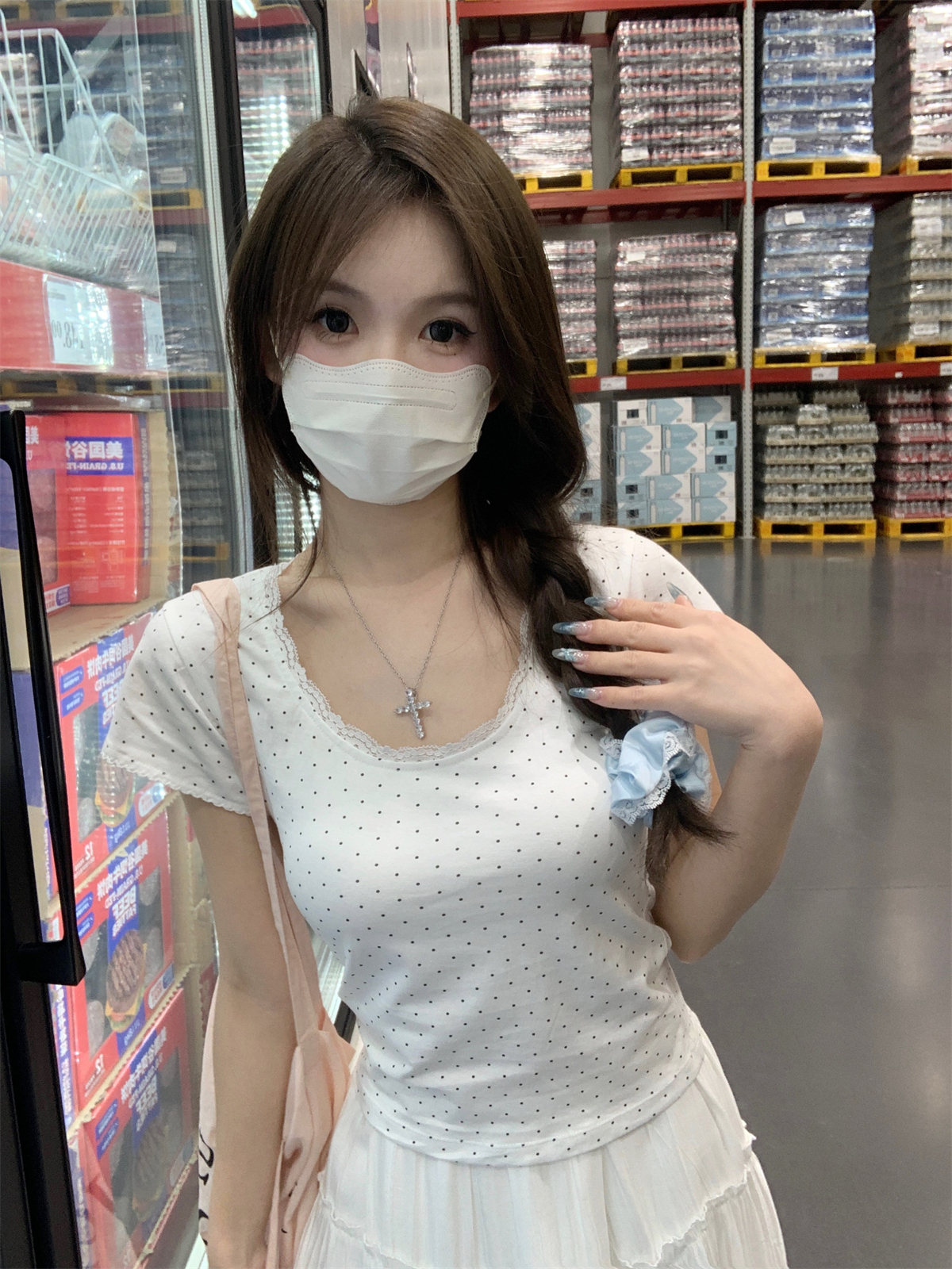 實拍 春夏韓版u領純欲蕾絲拼接波點設計感純棉短袖上衣T恤女