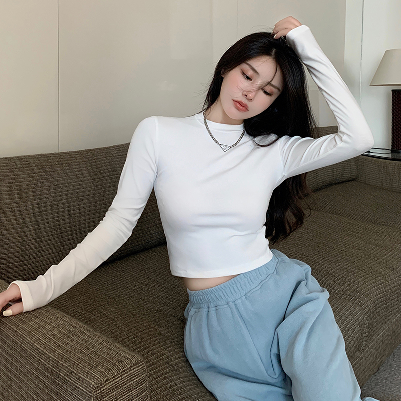 實拍 高腰短款女打底衫T恤露臍新款韓版修身純棉性感長袖別致上衣