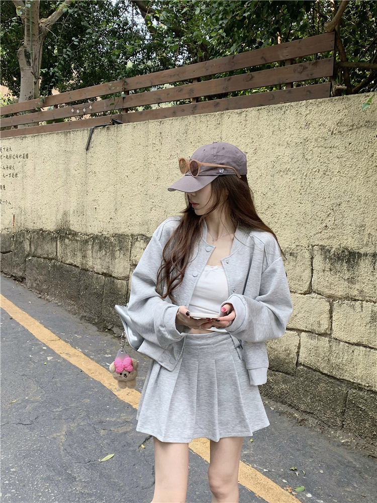實拍~美式寬鬆夾克休閒衛衣+辣妹吊帶+高腰百褶裙套裝