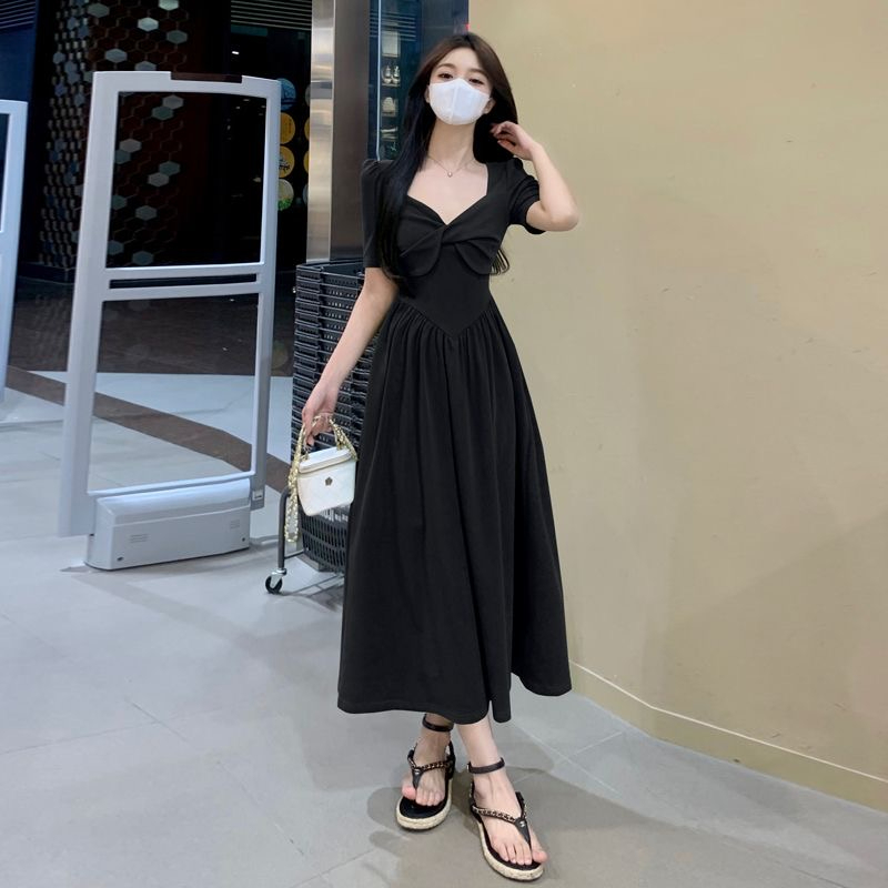 法式復古溫柔風洋氣連衣裙女桔梗設計感扭結蝴蝶結顯瘦氣質大擺裙