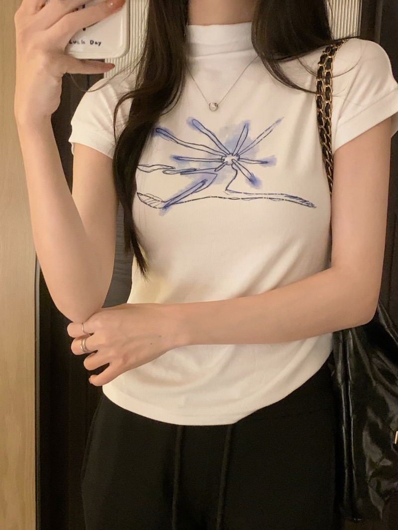 實拍  40支純棉 2024夏裝  印花半高領打底女短袖T恤