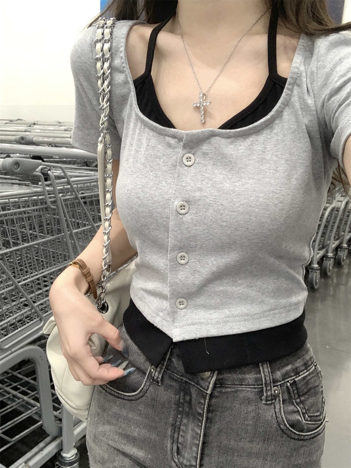 實拍 春夏韓版純欲系帶紐扣撞色假兩件設計感純棉短袖T恤上衣