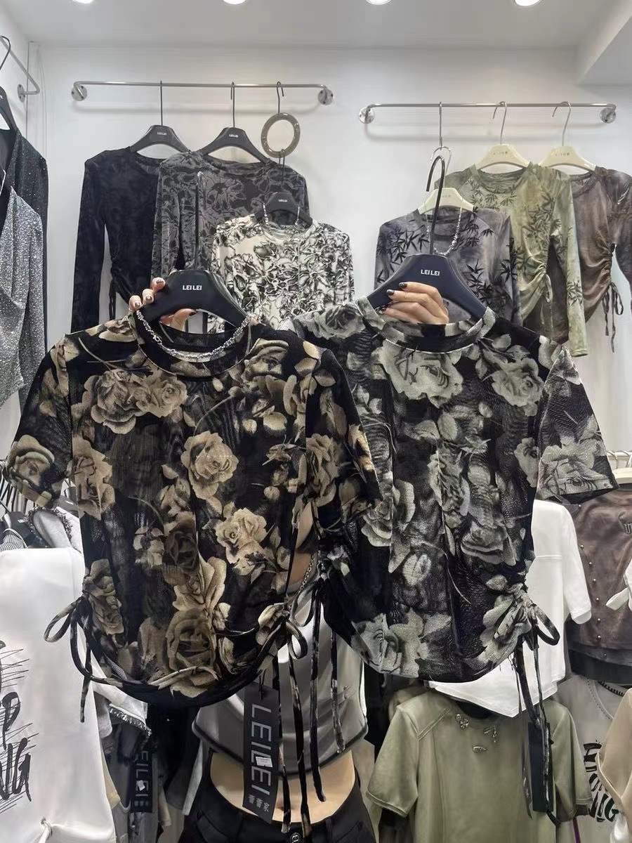 十三行2024夏季設計感抽繩扎染短袖t恤女修身顯瘦圓領套頭上衣潮