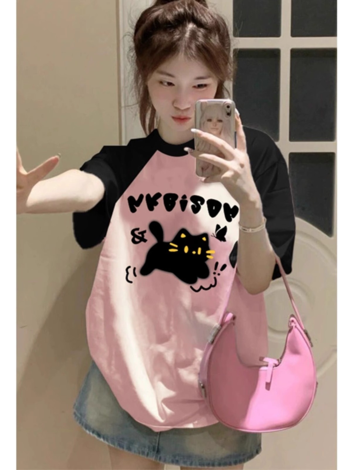 21支精梳純棉後包200克直播品質前 印花寬鬆拼色短袖t恤女