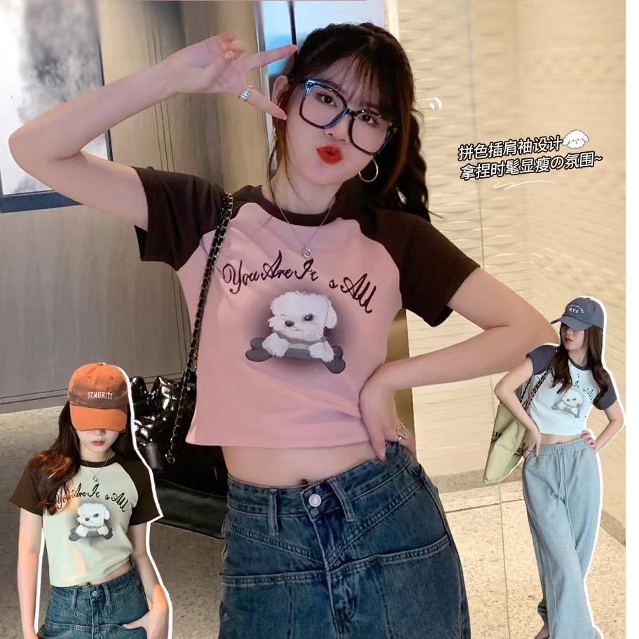 美式正肩刺繡短袖t恤女2024夏季新款修身扎染短袖T恤辣妹短款體桖