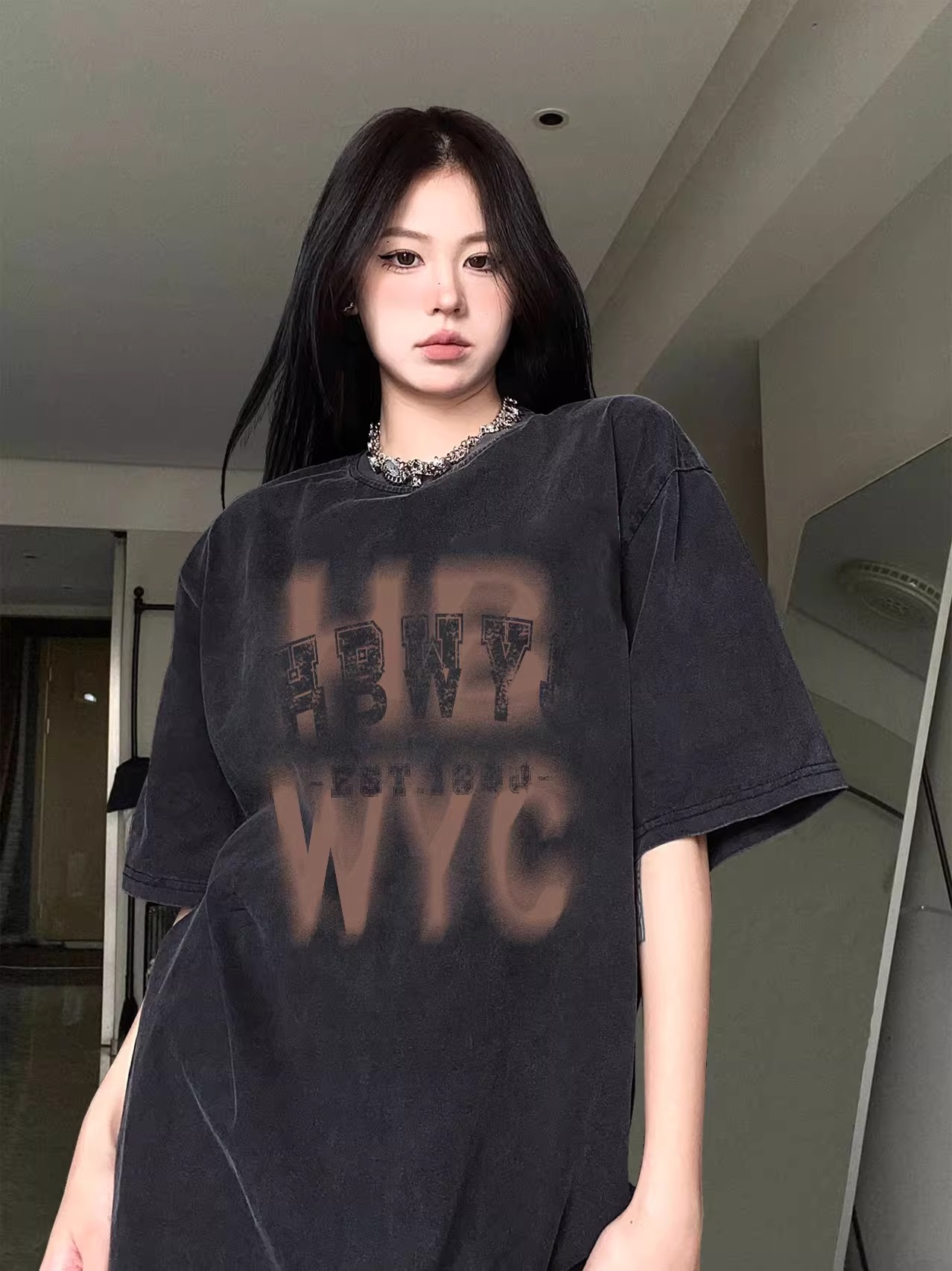 純棉230克21支精梳緊密直播品質水洗做舊前 印花短袖T恤女