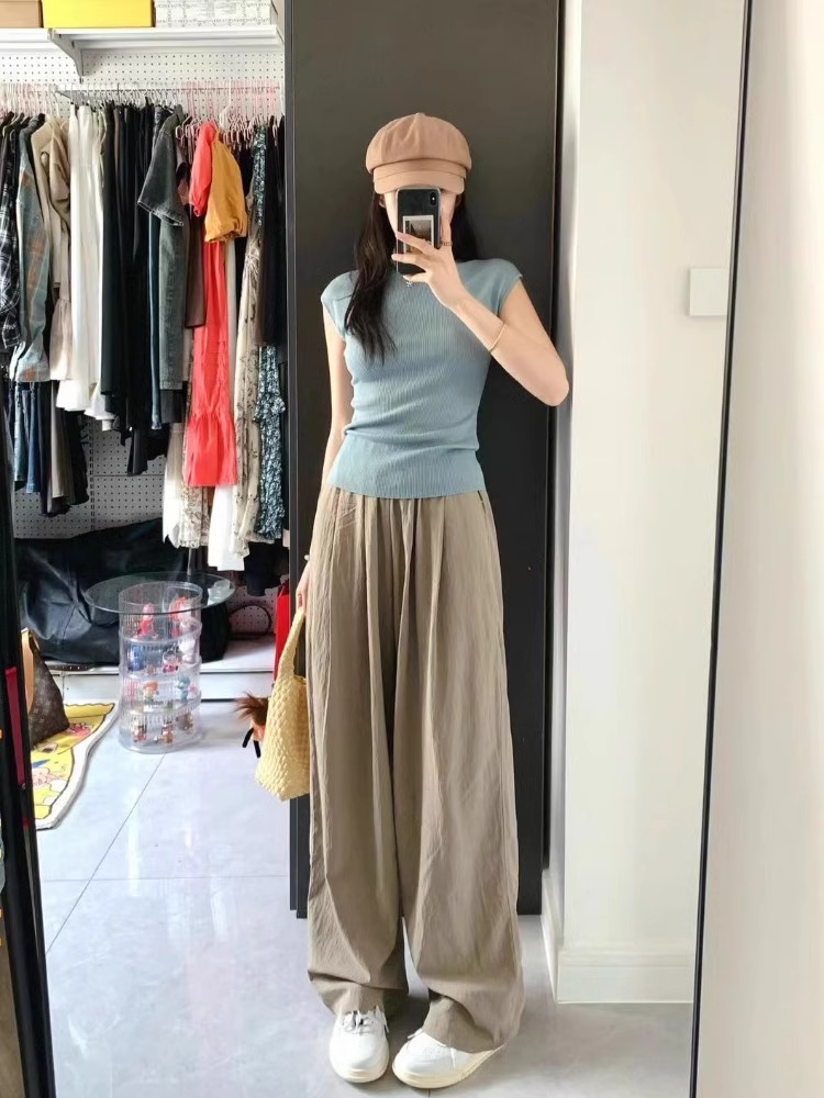 夏季小個子可鹽可甜穿搭藍色短袖上衣闊腿褲減齡顯瘦時尚兩件套裝