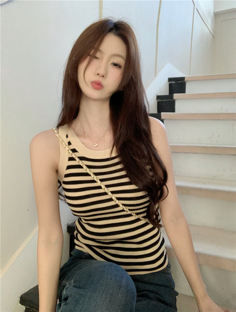 Real shot of striped camisole women's summer outer wear pure desire inner wear sleeveless women's T-shirt short knitted