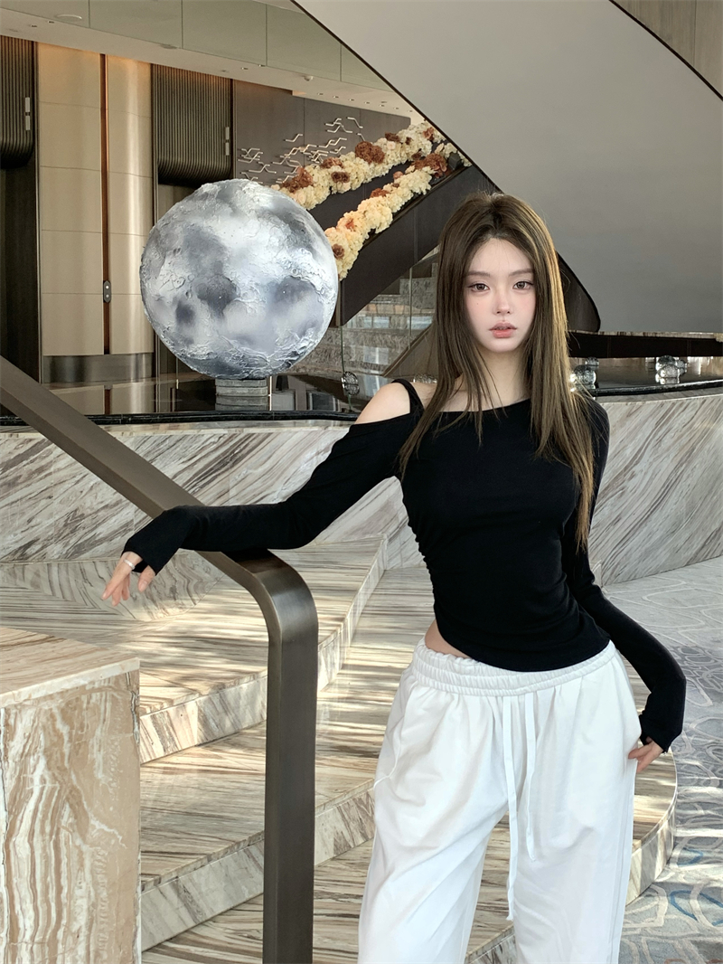 實拍  設計感小心機露肩長袖T恤