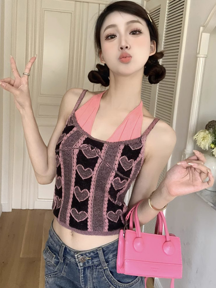 針織小吊帶背心女夏日多巴胺穿搭獨特别致美式甜辣妹短款掛脖上衣