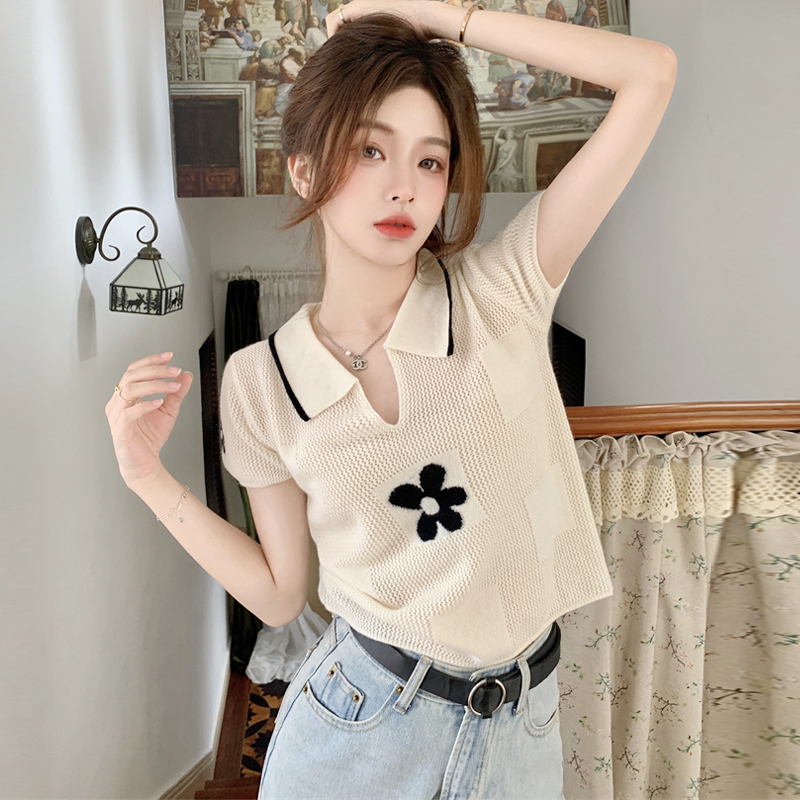 大碼polo領針織衫女夏季薄款鏤空小衫胖MM顯瘦v領花朵短袖上衣潮