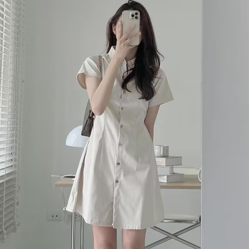 韓國chic夏季簡約氣質翻領單排扣收腰顯瘦短袖襯衫式小個子連衣裙