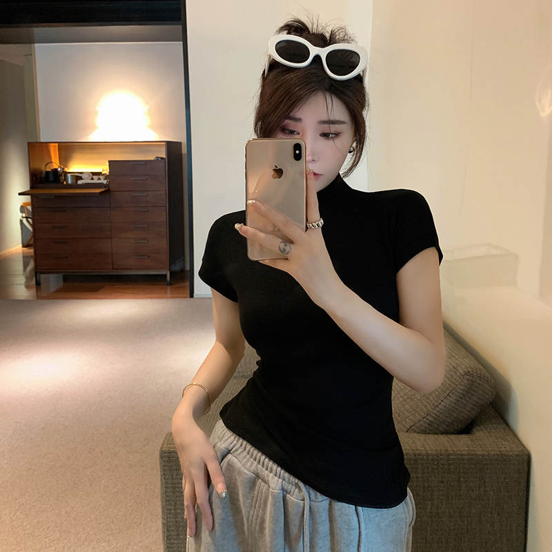 實拍 半高領短袖T恤女裝春夏純欲風短款緊身設計感打底衫顯瘦上衣