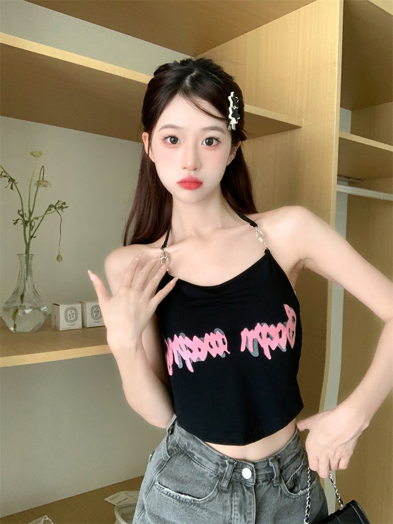美式設計感露腰短袖開衫掛脖印花背心2024夏季休閒簡約