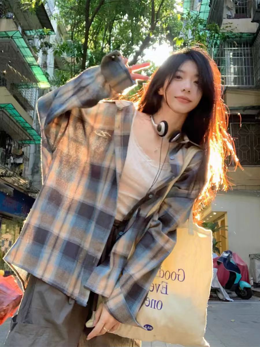 韓系復古格子襯衫女春季長袖防曬襯衣外套寬鬆顯瘦休閒慵懶風上衣