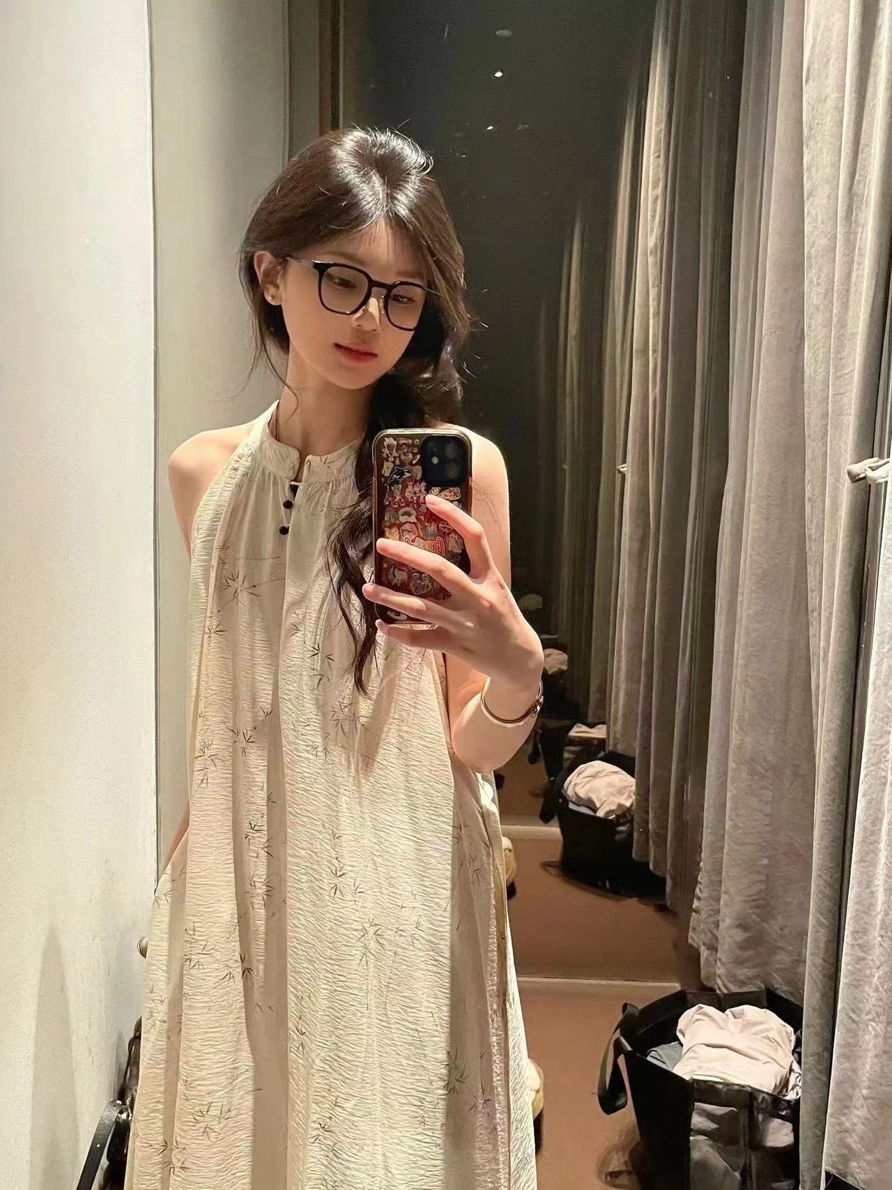 半婉清悠 冷清暗紋竹節新中式國風無袖掛脖連衣裙女