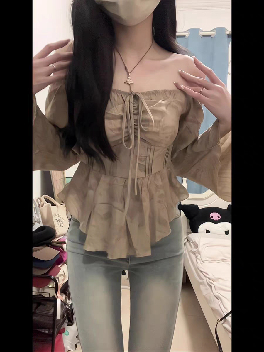 法式復古一字肩襯衫女春秋設計感小眾顯瘦氣質別致休閒長袖上衣潮