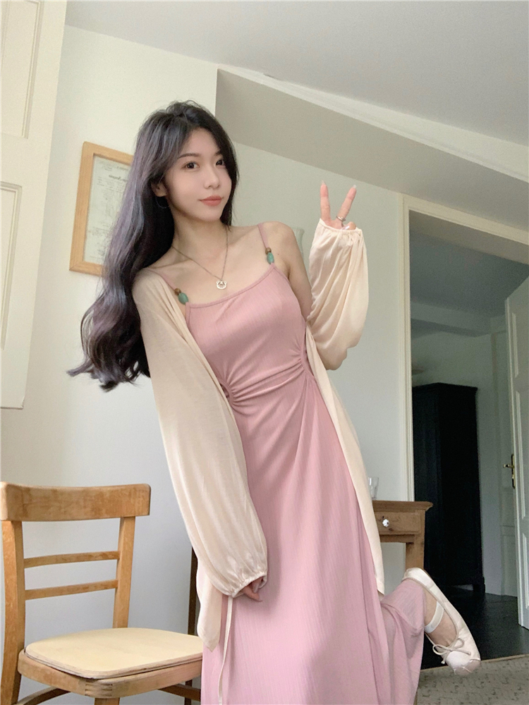 實拍~大碼女裝薄款防曬開衫外套+針織長款顯瘦吊帶連衣裙套裝