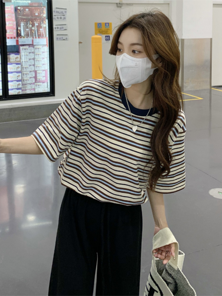 已出貨 6535 拉架 夏季寬鬆圓領上衣新款短袖t恤女條紋