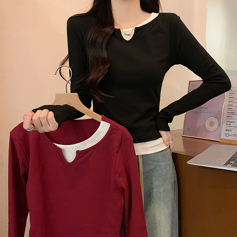 實拍1*1螺紋210克長袖t恤女春薄款圓領假兩件打底衫上衣大碼女裝