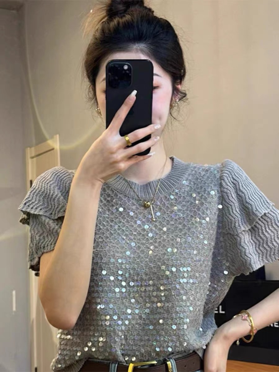重工亮片花苞袖針織衫t恤女夏裝2024年新款短袖粉色毛衣百搭上衣