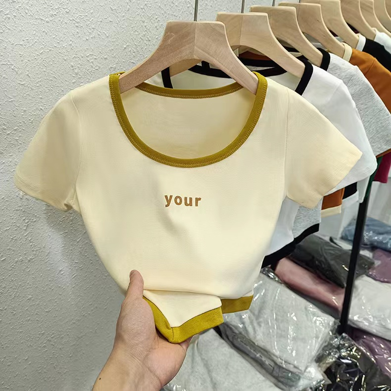 實拍純棉羅紋撞色拼接短袖t恤女夏季修身短款半袖上衣