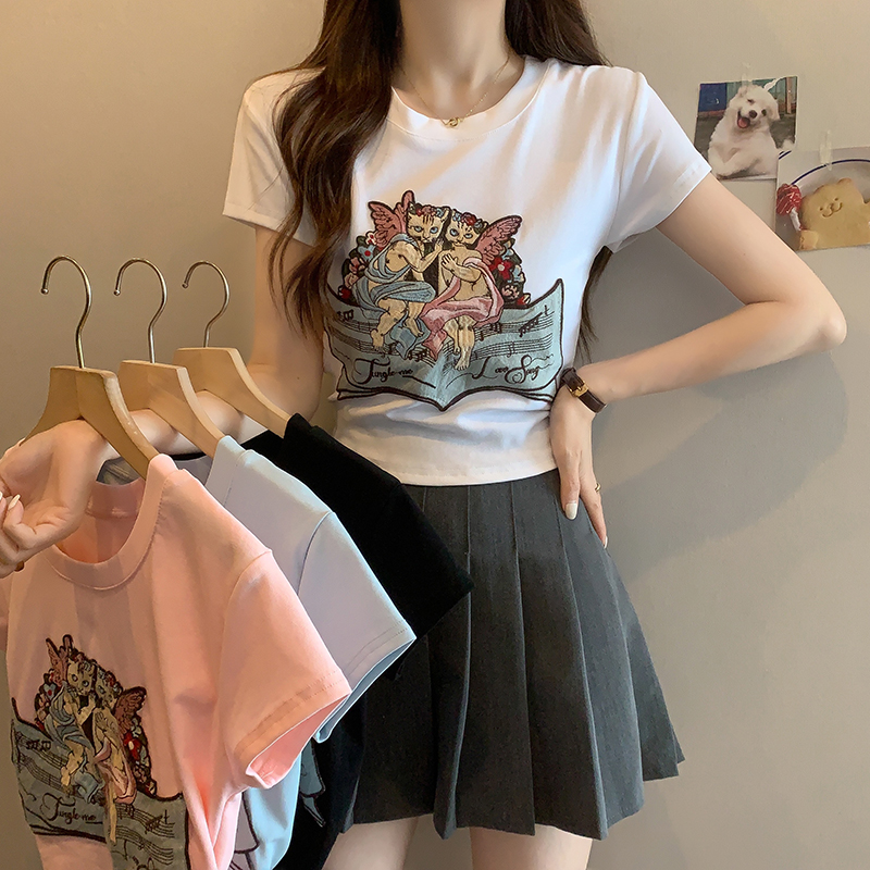 Actual shot of 2024 summer new style fat mm versatile dopamine outfit cartoon cat embroidered short-sleeved T-shirt top