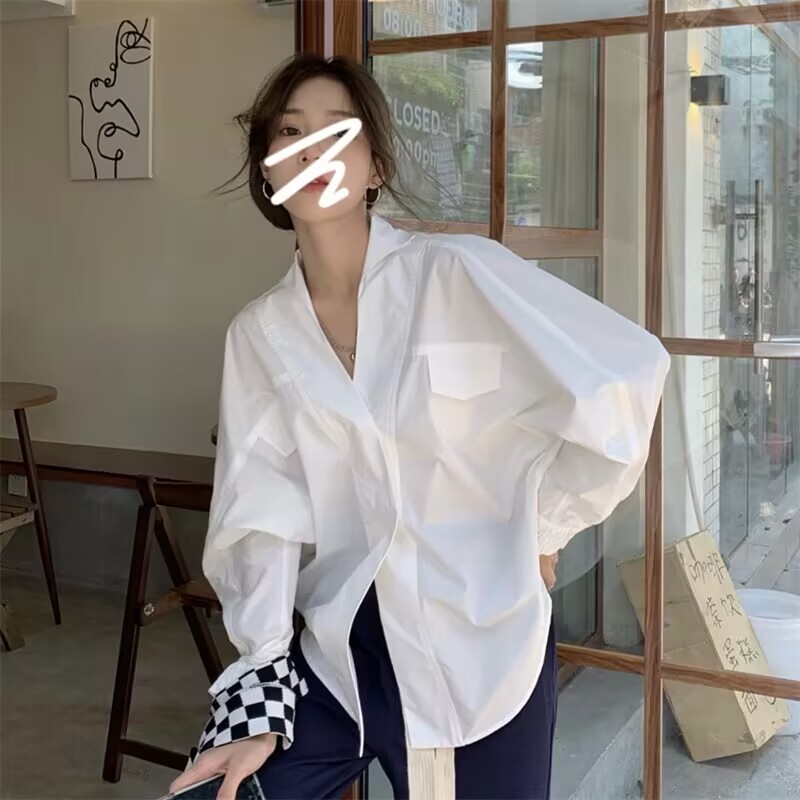 白色長袖襯衫女設計感小眾v領寬鬆百搭上衣休閒春秋ins2024年新款