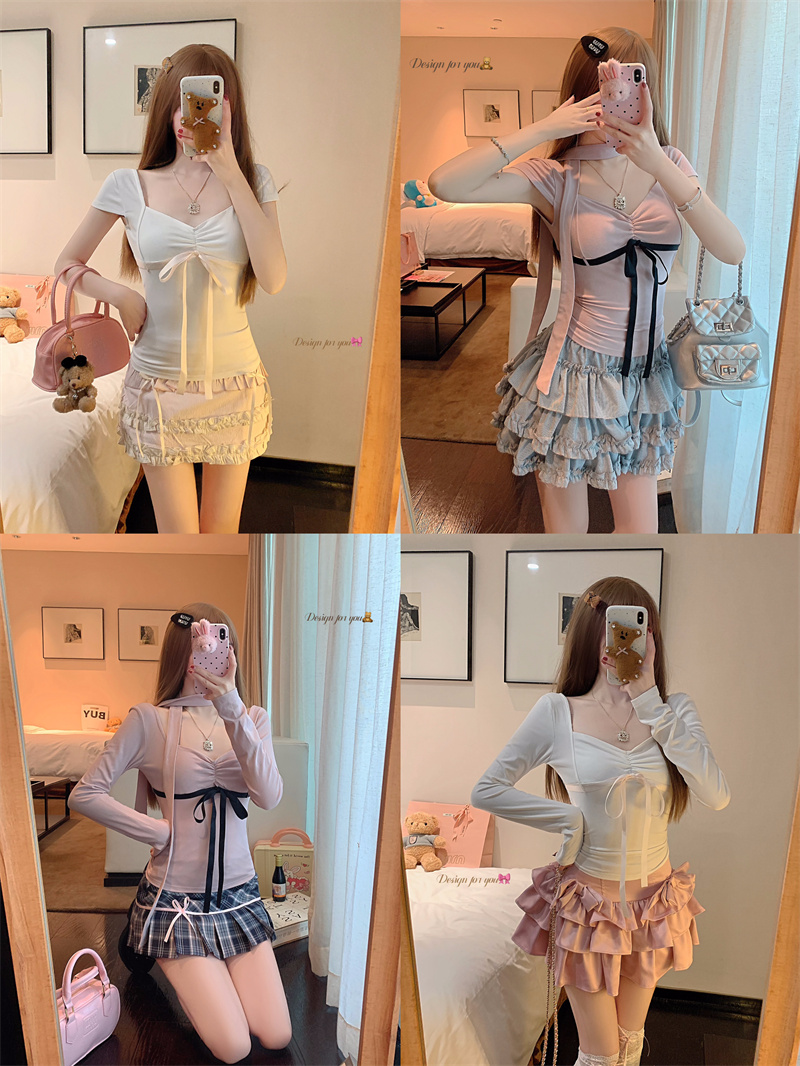 實拍 少女心事 法式蝴蝶結綁帶上衣純欲T恤