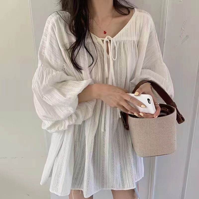 chic早春棉麻上衣女夏季法式燈籠袖襯衫女設計感小眾中長款娃娃衫