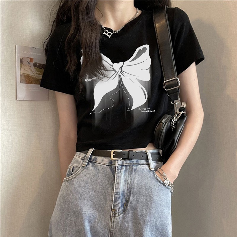 白色質感蝴蝶結短袖T恤女夏新款歐貨修身短款上衣ins潮
