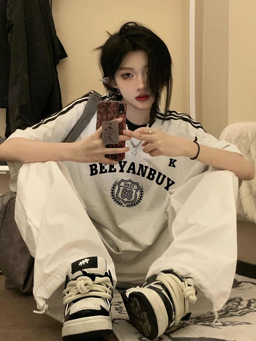 國潮牌撞色三條槓短袖t恤女夏季設計感小眾純棉寬鬆慵懶圓領上衣