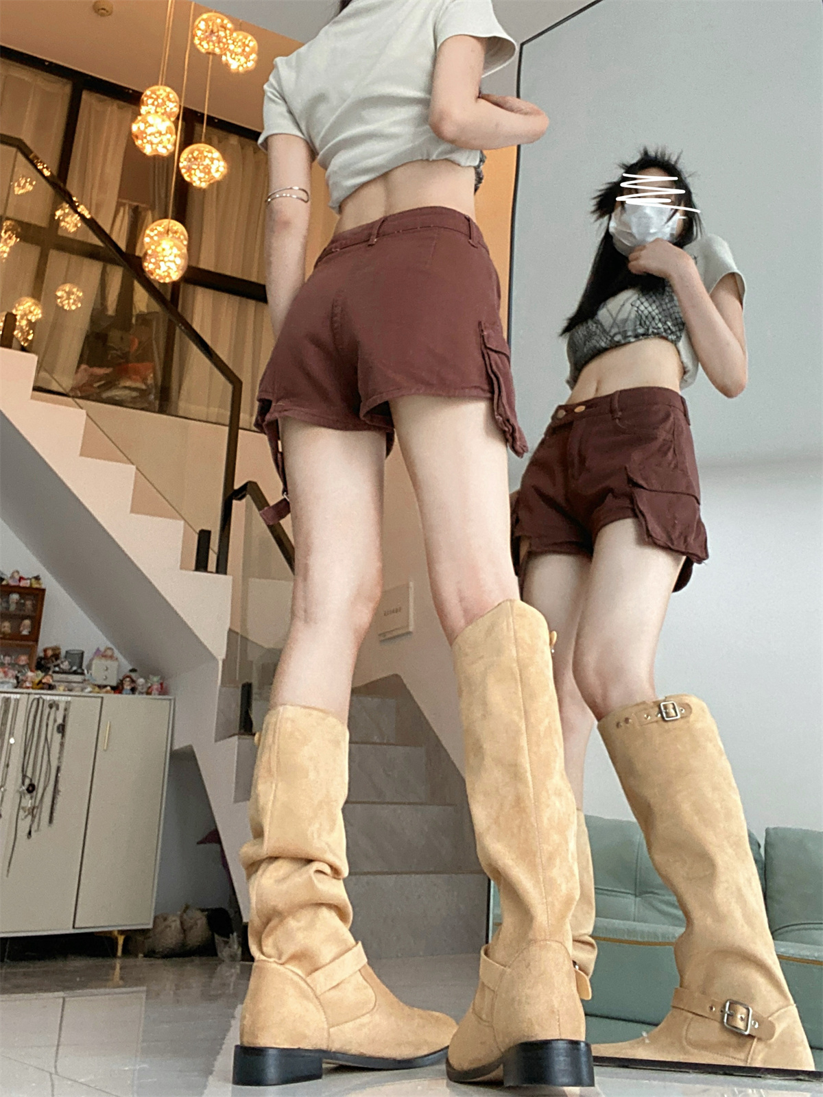 實拍！復古辣妹高腰黑牛仔短褲女設計感綁帶口袋工裝闊腿褲
