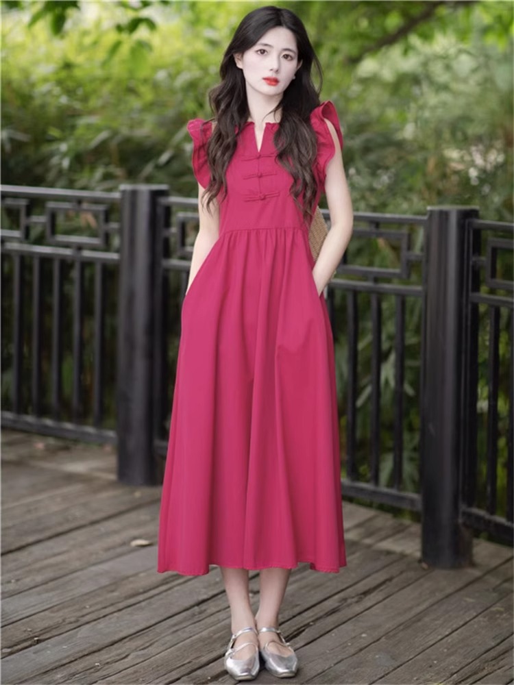 法式小飛袖玫紅色連衣裙女夏季2024新款高級感氣質收腰顯瘦長裙子