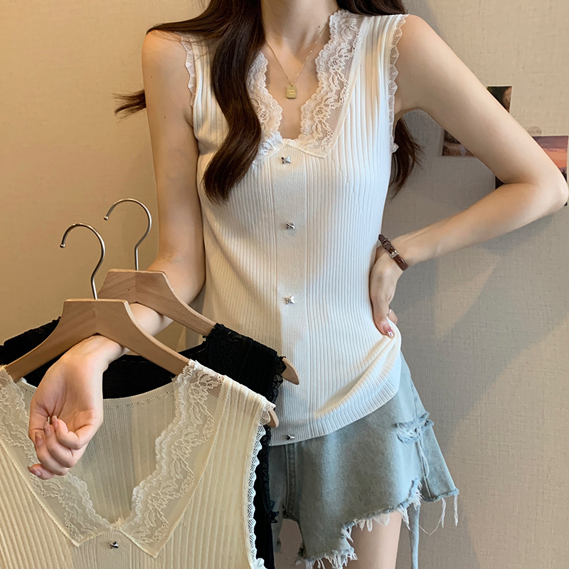 實拍大碼女裝2024春夏新款修身顯瘦純色V領蕾絲拼接針織吊帶背心