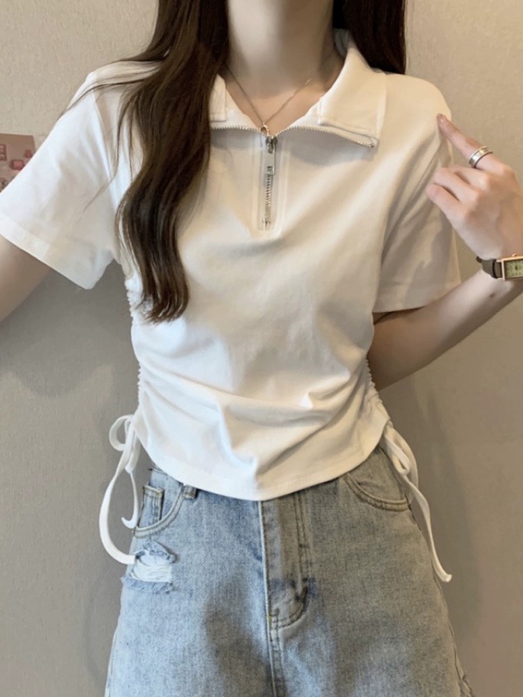 女裝POLO領拉鏈抽繩短袖T恤正肩顯瘦韓版百搭短款上衣