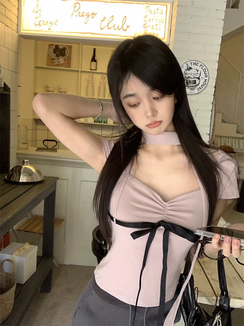 實拍  蝴蝶結綁帶上衣純欲短袖T恤
