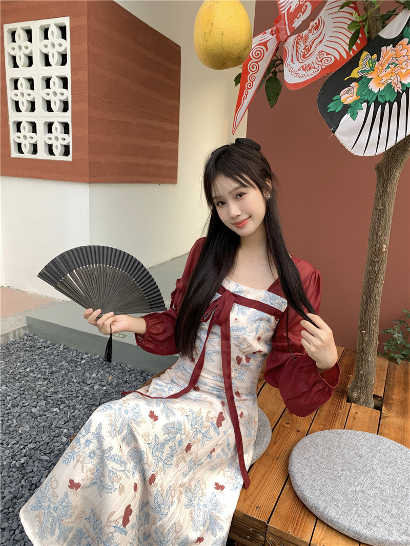 實拍~復古新中式撞色印花連衣裙春季方領顯瘦改良漢服裙